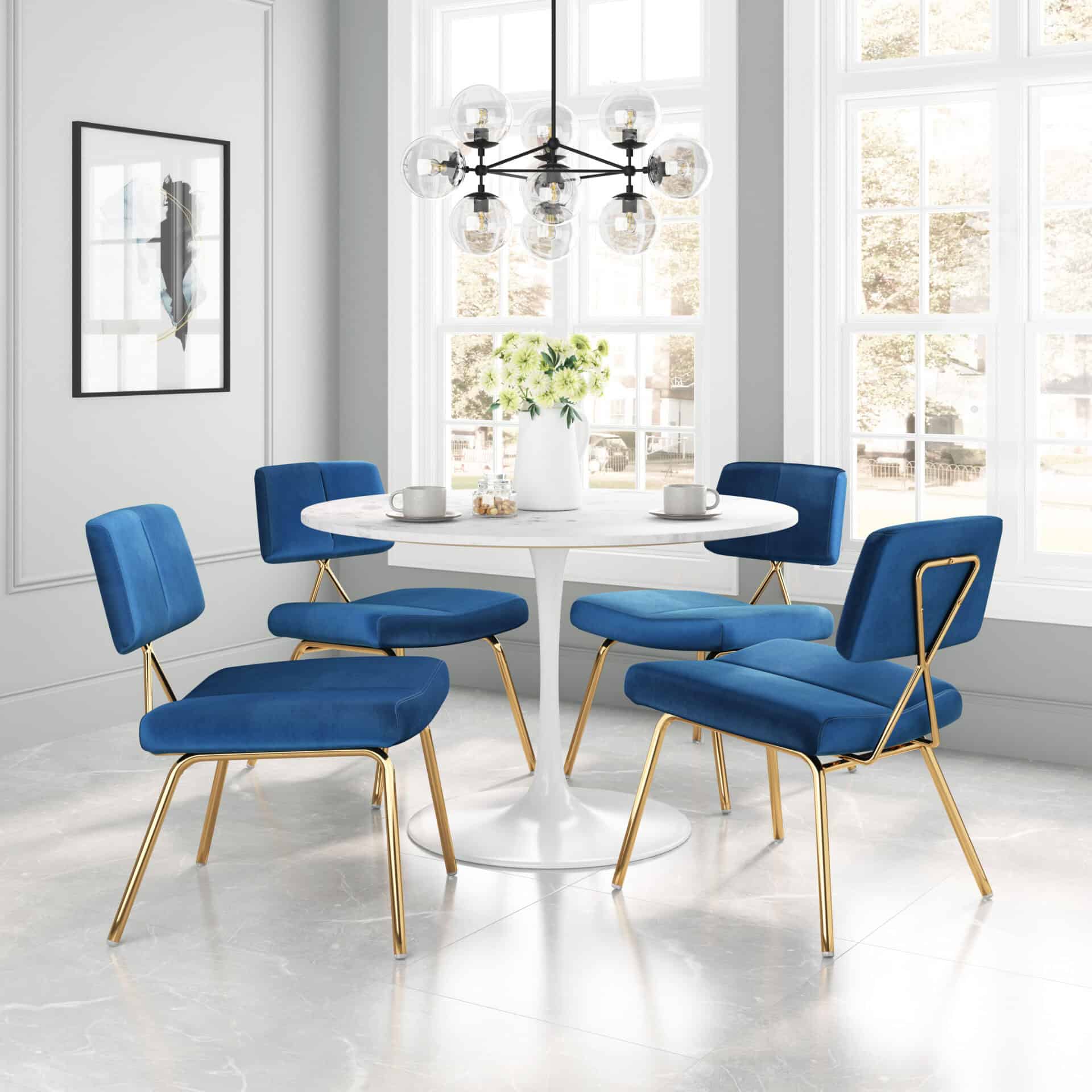 Blue Velvet Accent Chair with Gold Frame (Set of 2) 2 Blue Velvet Accent Chair with Gold Frame (Set of 2) - Image 2
