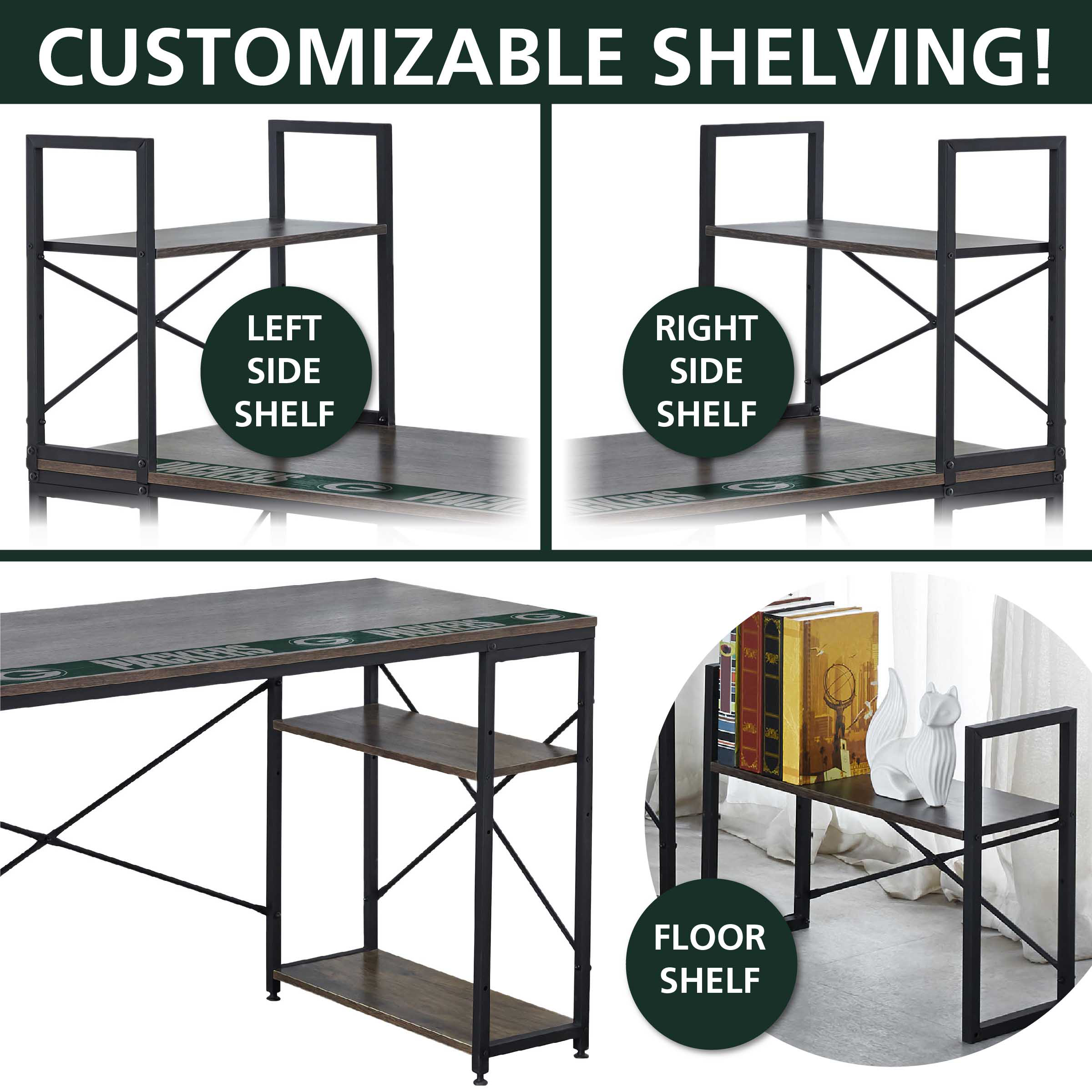 green bay packers industrial desk with shelves