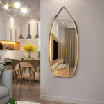 Adjustable Bamboo Wall Mirror with Leather Strap and Hook