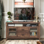 Retro Wooden TV Stand with Storage, Glass Doors, and Drawers