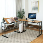L-Shaped Corner Desk with Adjustable Tilting Tabletop and Shelves 29 L-Shaped Corner Desk with Adjustable Tilting Tabletop and Shelves