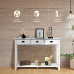 White Wooden Console Table with Drawers and Shelves for Storage