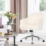 Modern Beige Faux Fur Swivel Office Chair with Armrests