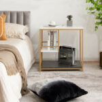 3 Tier Marble End Table with Storage Shelves and Golden Frame