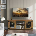 Rustic Brown TV Stand with Mesh Doors and Adjustable Shelves