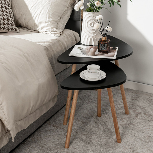 Modern Nesting Coffee Tables Triangular MDF Bamboo Legs (Set of 2) 6 Modern Nesting Coffee Tables Triangular MDF Bamboo Legs (Set of 2) - Image 6