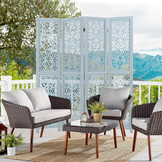 Carved Wooden 4-Panel Room Divider with Folding Design - Image 5