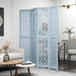 Carved Wooden 4-Panel Room Divider with Folding Design