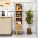 Slim Rattan Storage Cabinet with Adjustable Shelves and Natural Design