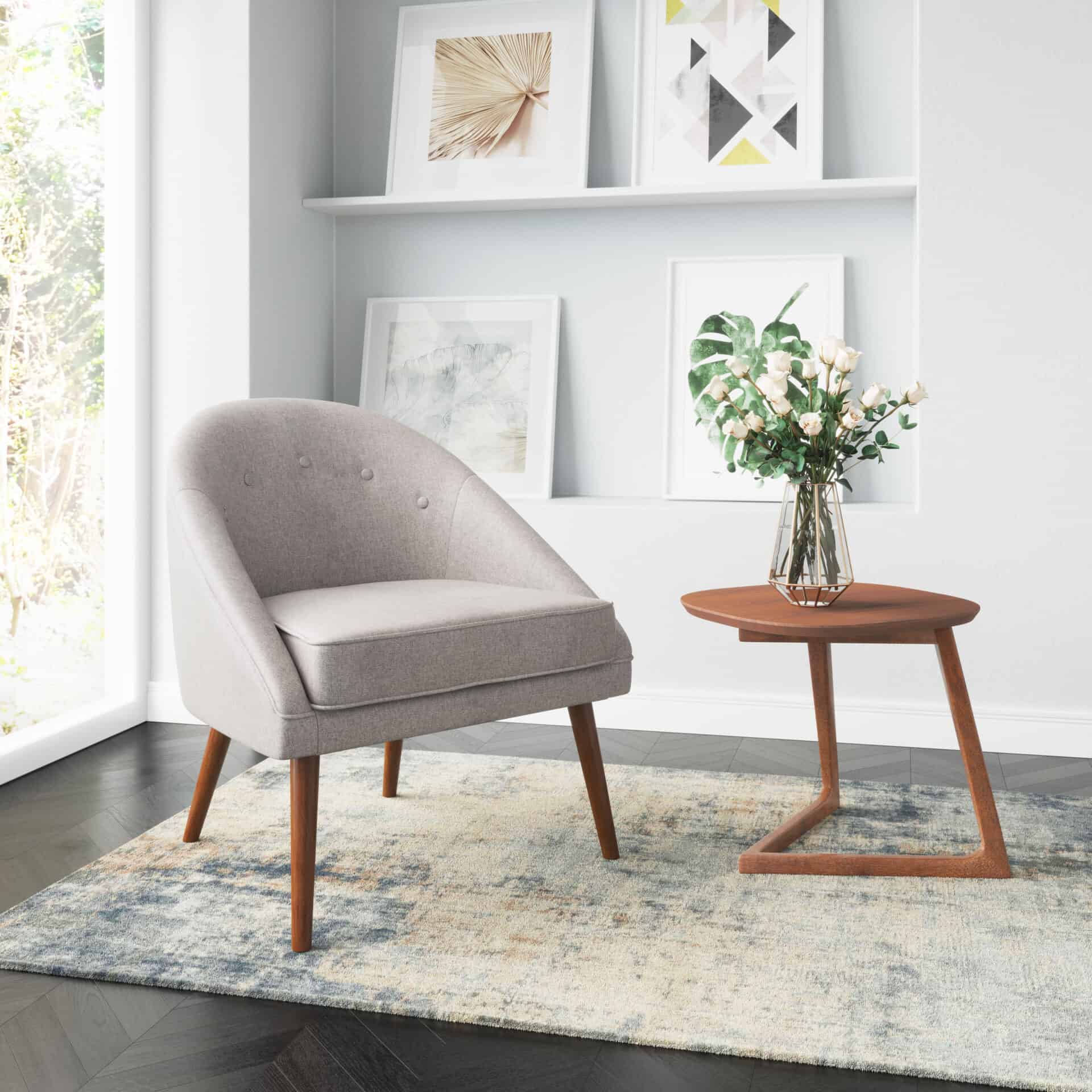 Retro Modern Beige Accent Chair with Tufted Upholstery and Wood Legs 1 Retro Modern Beige Accent Chair with Tufted Upholstery and Wood Legs