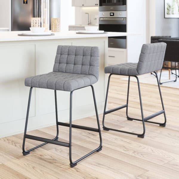 Gray Tufted Counter Stool with Steel Frame and Footrest (Set of 2)