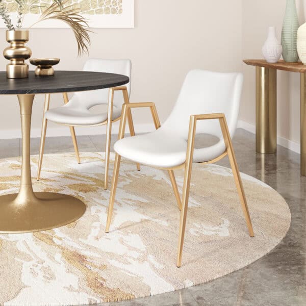 White and Gold Mid-Century Modern Dining Chairs with Armrests (Set of 2)