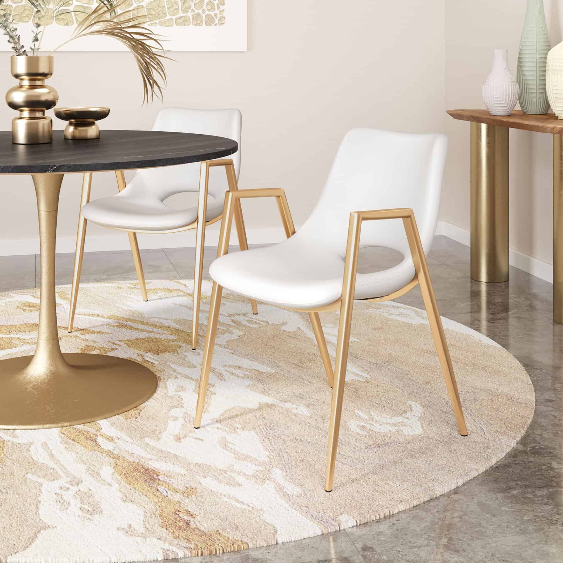 White and Gold Mid-Century Modern Dining Chairs with Armrests (Set of 2)