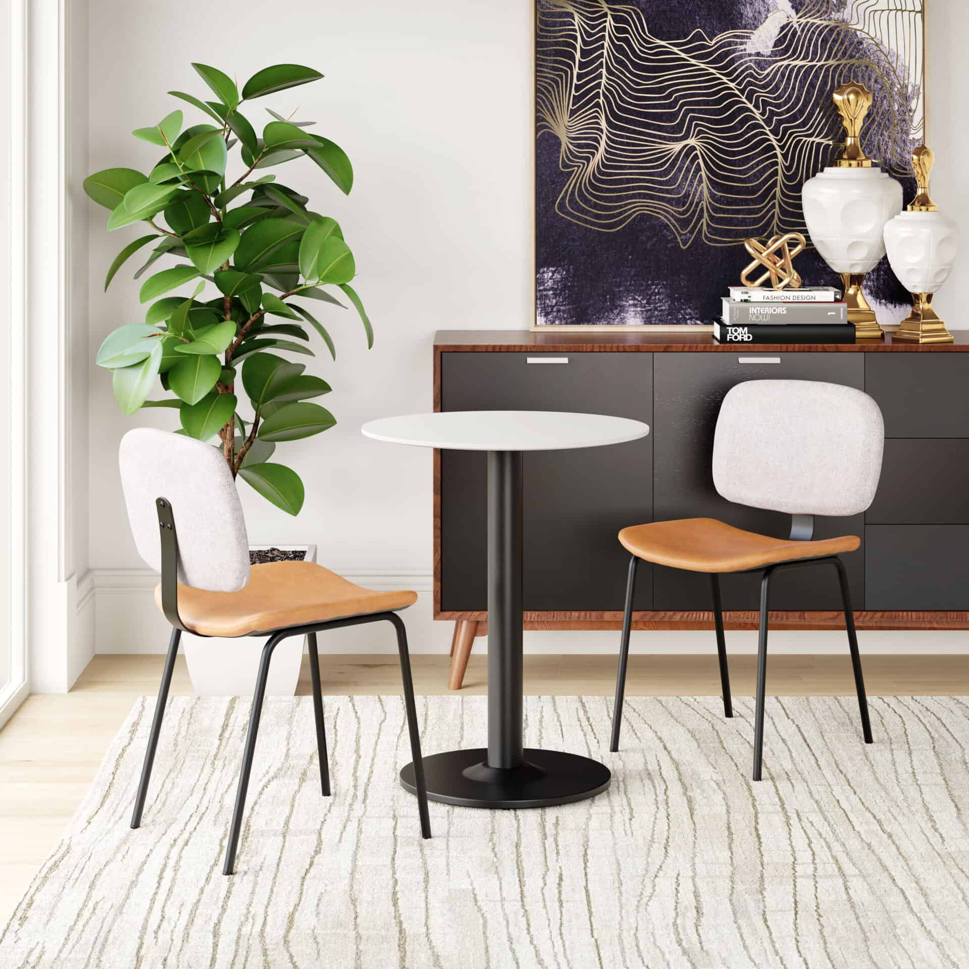 Beige and Brown Dining Chair with Faux Leather and Steel Legs (Set of 2) 1 Beige and Brown Dining Chair with Faux Leather and Steel Legs (Set of 2)