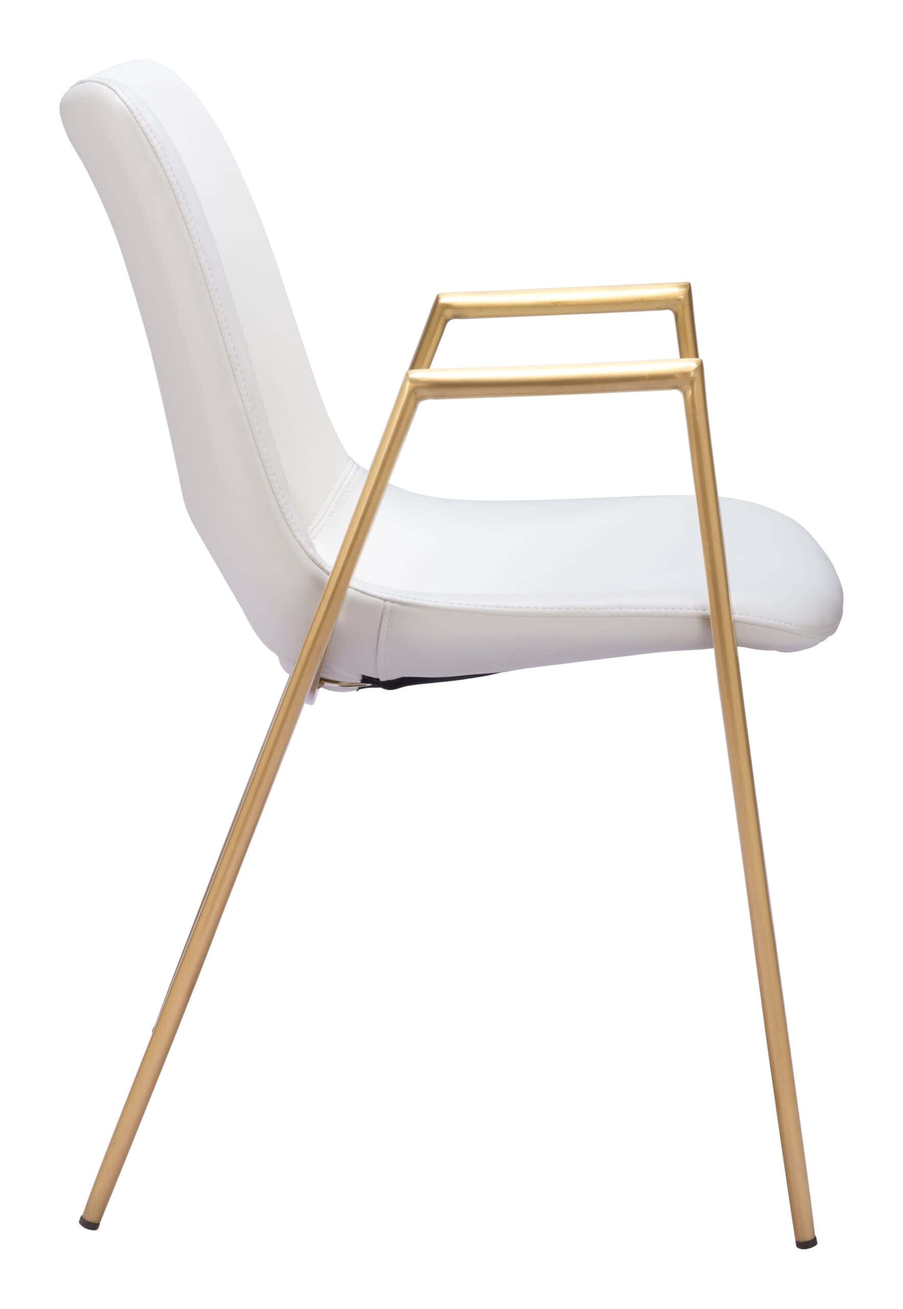 White and Gold Mid-Century Modern Dining Chairs with Armrests (Set of 2)