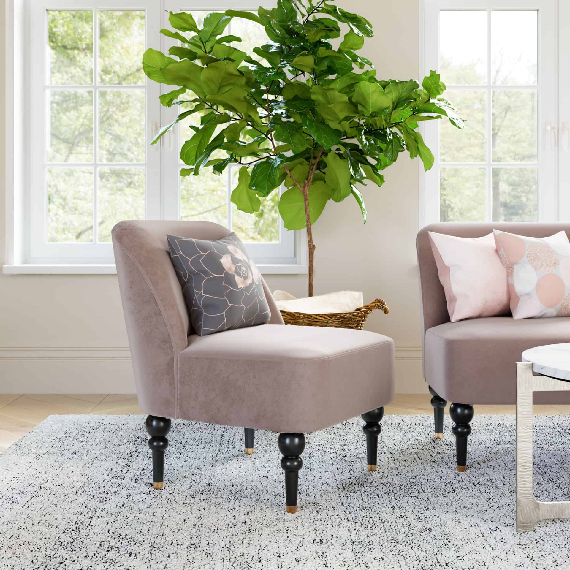 Velvet Taupe Accent Chair with Wooden Legs and Deco Flair 1 Velvet Taupe Accent Chair with Wooden Legs and Deco Flair