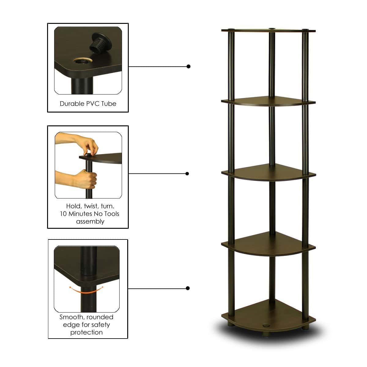 5-Tier Corner Shelf Bookcase Espresso Black Space-Saving Design 3 5-Tier Corner Shelf Bookcase Espresso Black Space-Saving Design - Image 3
