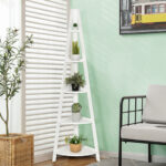 5 Tier White Corner Ladder Shelf with Wooden Frame