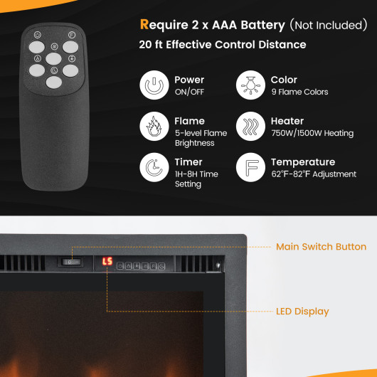 50 Inch Electric Fireplace Wall Mount Recessed with Remote Control - Image 7