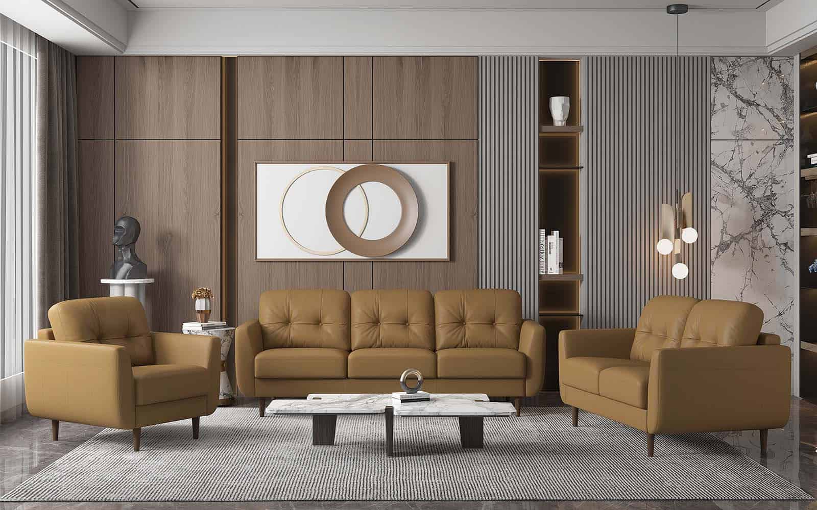 59 Inch Camel Brown Leather Loveseat With Flared Arms 4 59 Inch Camel Brown Leather Loveseat With Flared Arms - Image 4