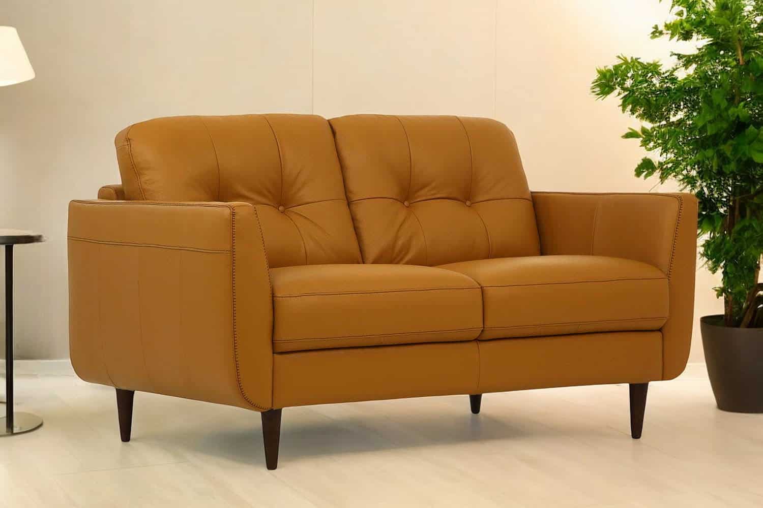59 Inch Camel Brown Leather Loveseat With Flared Arms 2 59 Inch Camel Brown Leather Loveseat With Flared Arms - Image 2
