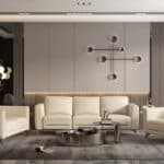 Cream Leather Loveseat with Black Legs and Track Arms