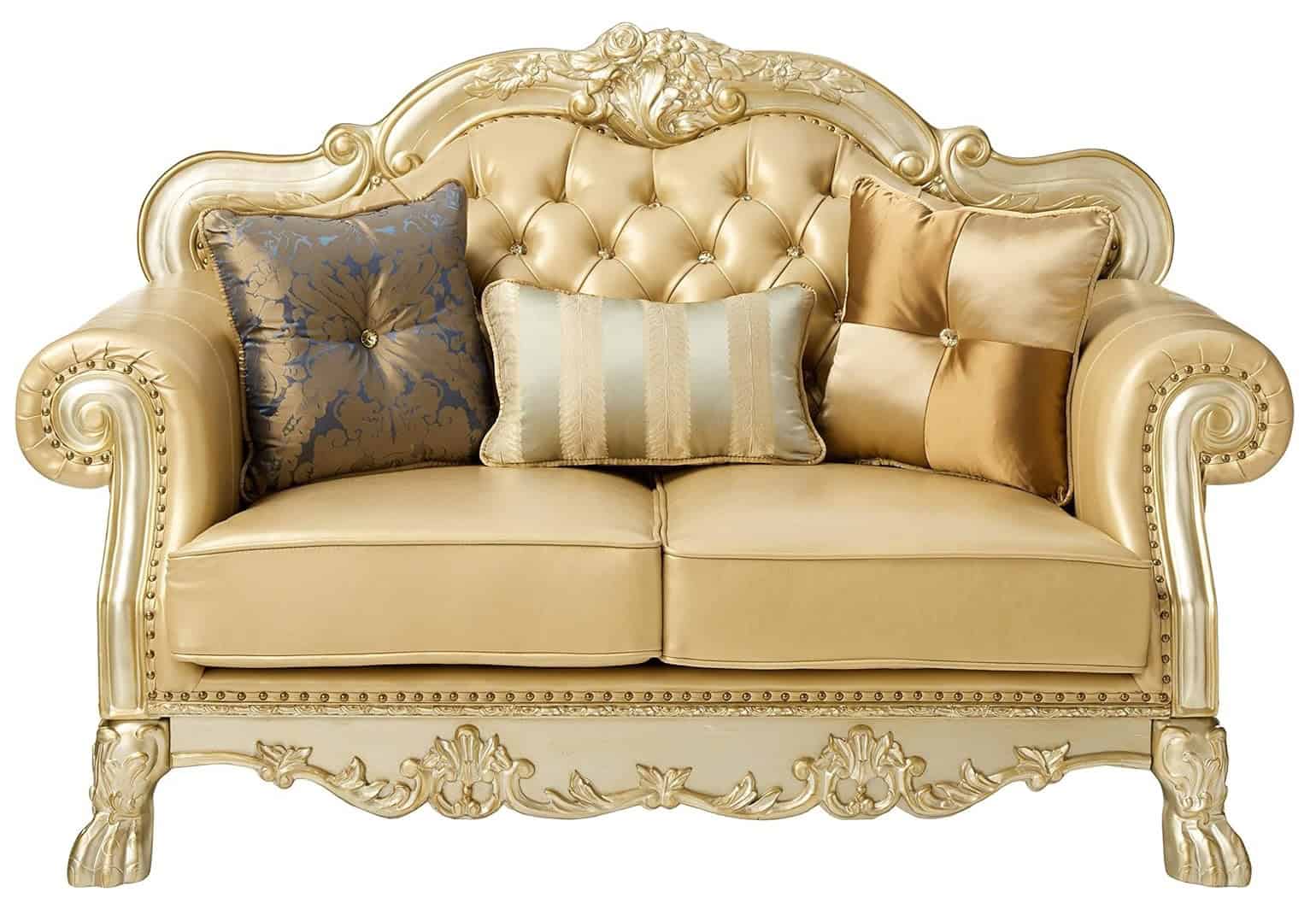 64 Inch Bone and Gold Faux Leather Loveseat with Toss Pillows 1 64 Inch Bone and Gold Faux Leather Loveseat with Toss Pillows