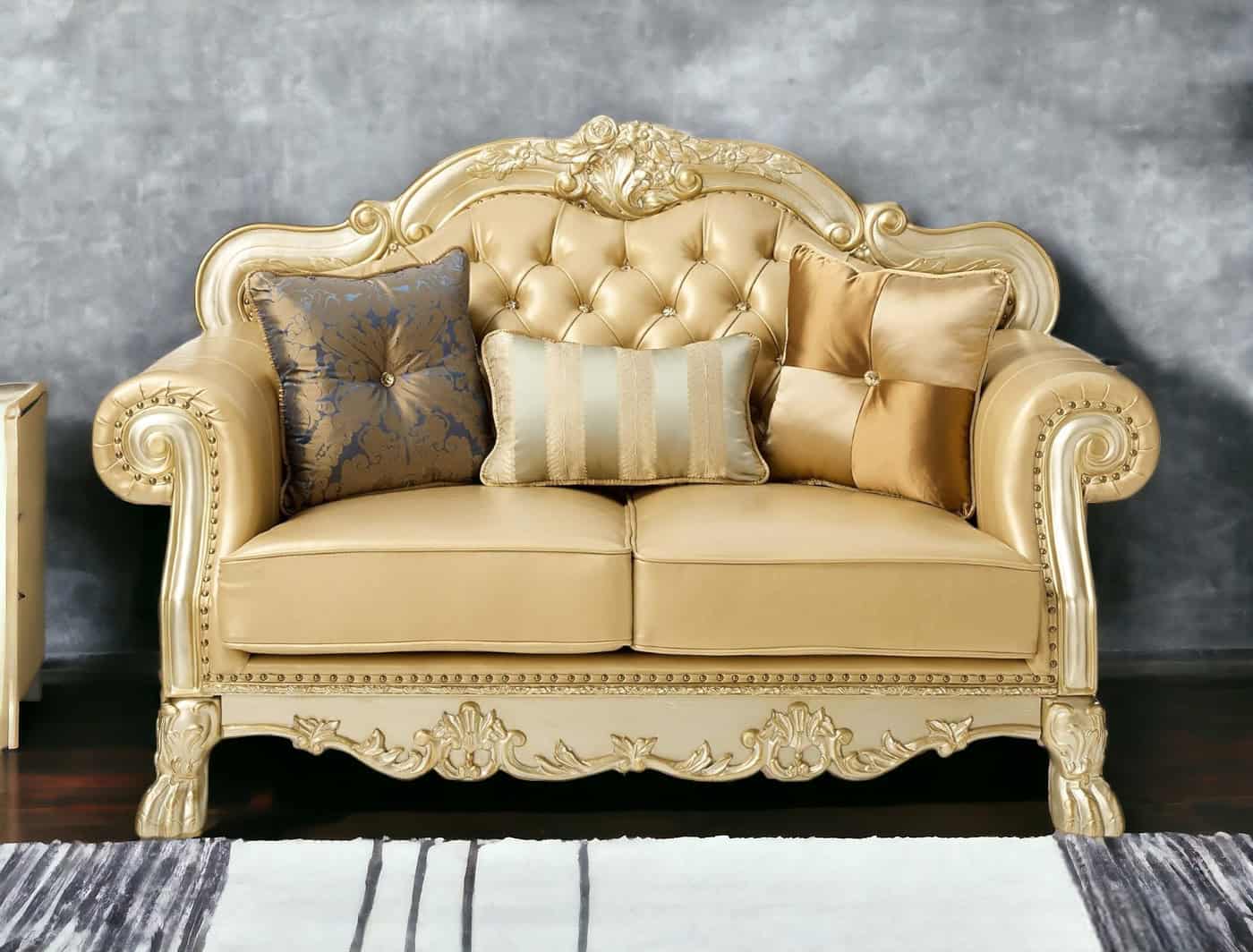 64 Inch Bone and Gold Faux Leather Loveseat with Toss Pillows 3 64 Inch Bone and Gold Faux Leather Loveseat with Toss Pillows - Image 3