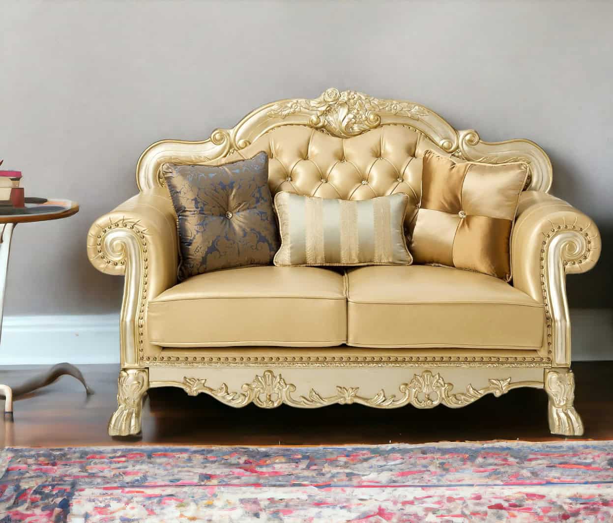 64 Inch Bone and Gold Faux Leather Loveseat with Toss Pillows 2 64 Inch Bone and Gold Faux Leather Loveseat with Toss Pillows - Image 2
