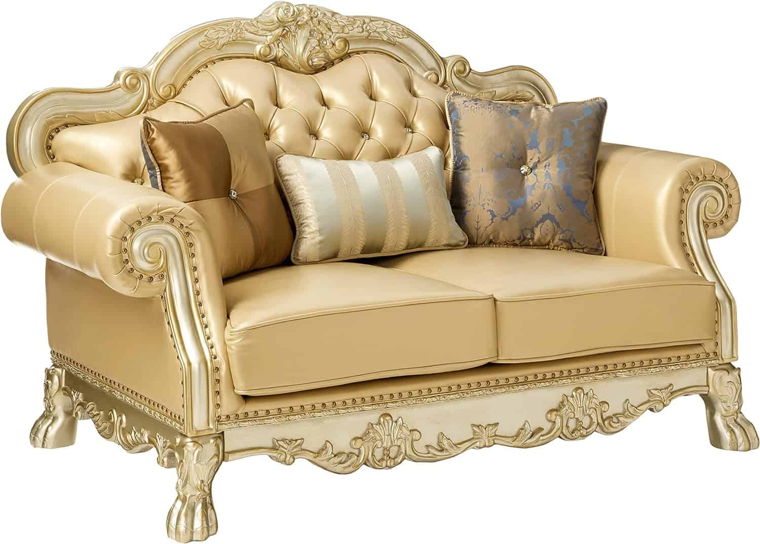 64 Inch Bone and Gold Faux Leather Loveseat with Toss Pillows 5 64 Inch Bone and Gold Faux Leather Loveseat with Toss Pillows - Image 5