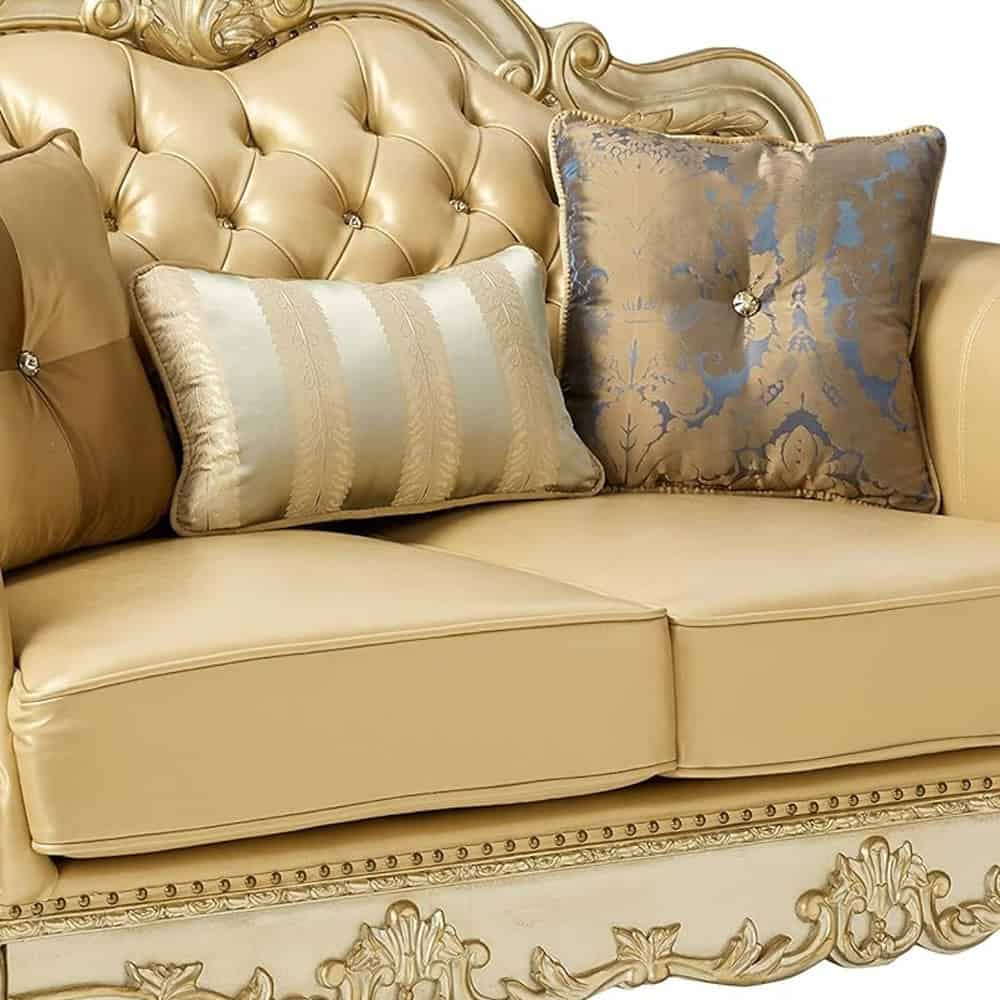 64 Inch Bone and Gold Faux Leather Loveseat with Toss Pillows 7 64 Inch Bone and Gold Faux Leather Loveseat with Toss Pillows - Image 7