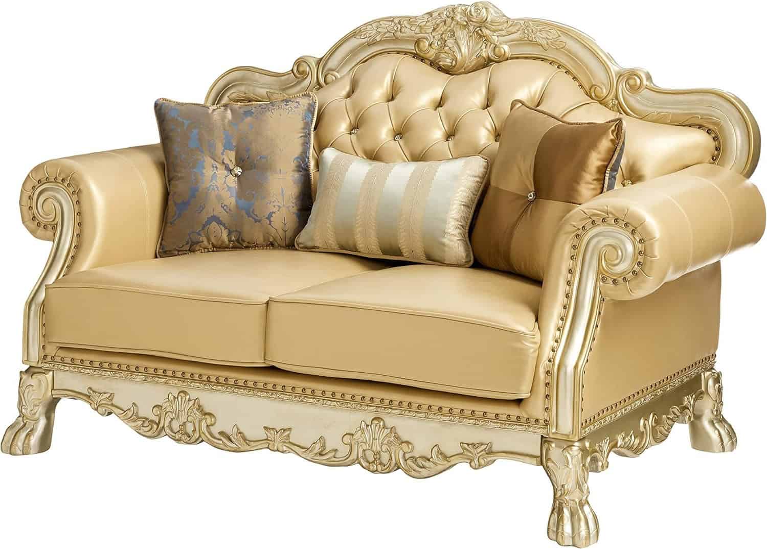 64 Inch Bone and Gold Faux Leather Loveseat with Toss Pillows 8 64 Inch Bone and Gold Faux Leather Loveseat with Toss Pillows - Image 8