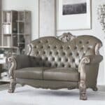 Bone Faux Leather Loveseat with Toss Pillows and Square Arms