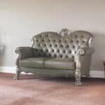 Bone Faux Leather Loveseat with Toss Pillows and Square Arms