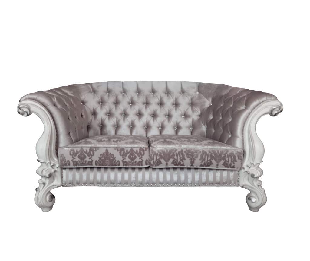 Antoine Loveseat, 4 Pillows, Ivory Fabric Antique Pearl Wood, 66