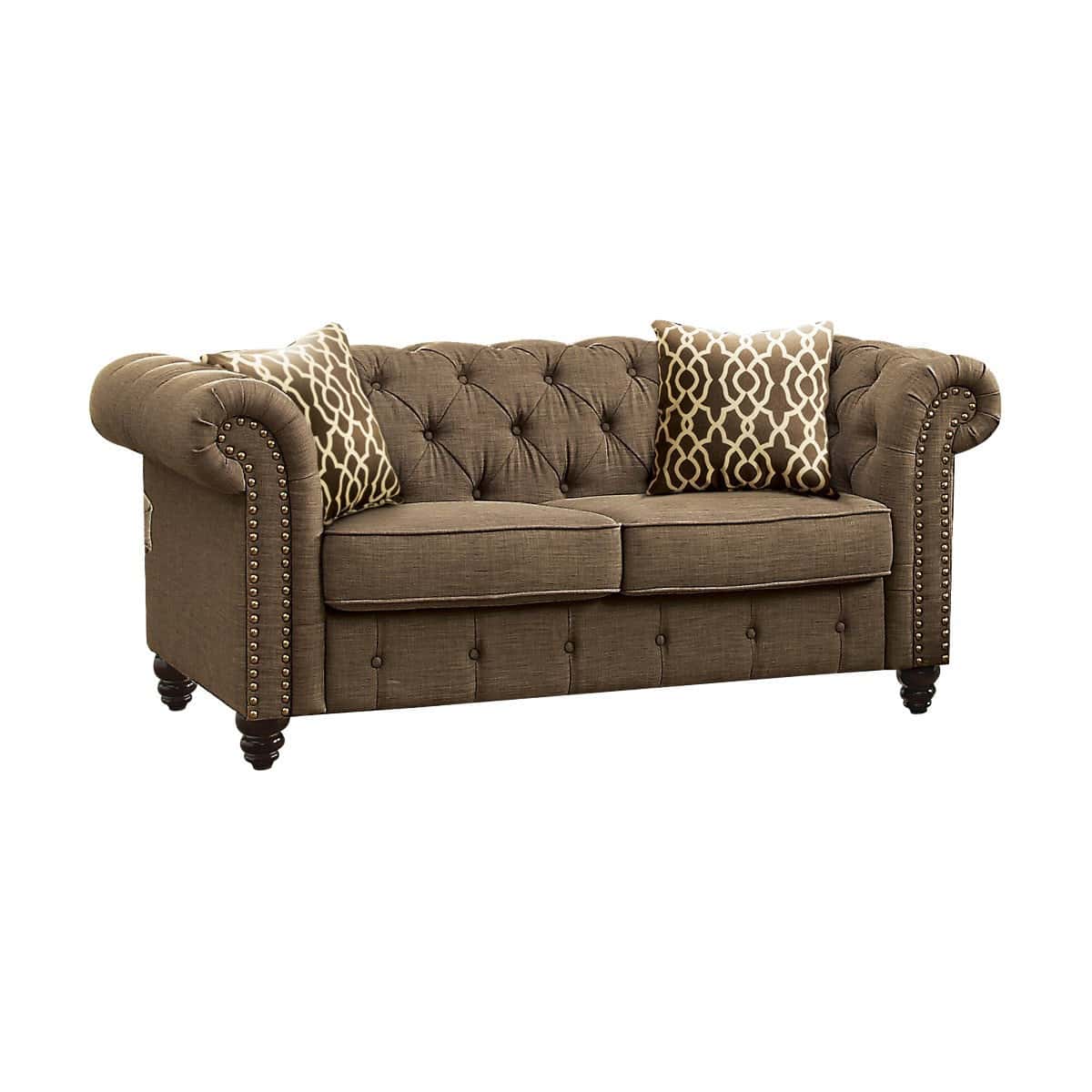 67 Inch Brown Linen Loveseat with Tufted Cushions and Pillows 1 67 Inch Brown Linen Loveseat with Tufted Cushions and Pillows