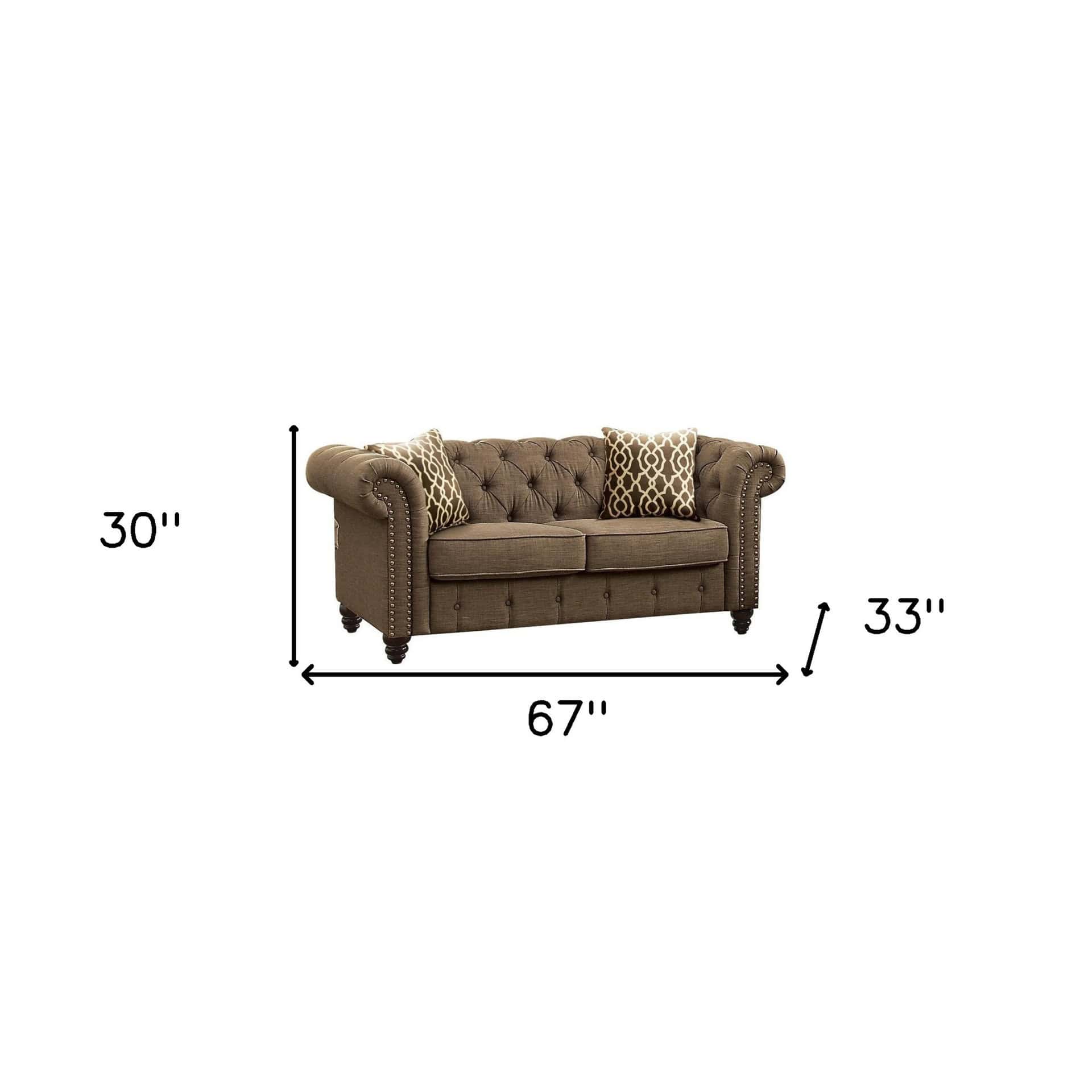 67 Inch Brown Linen Loveseat with Tufted Cushions and Pillows 10 67 Inch Brown Linen Loveseat with Tufted Cushions and Pillows