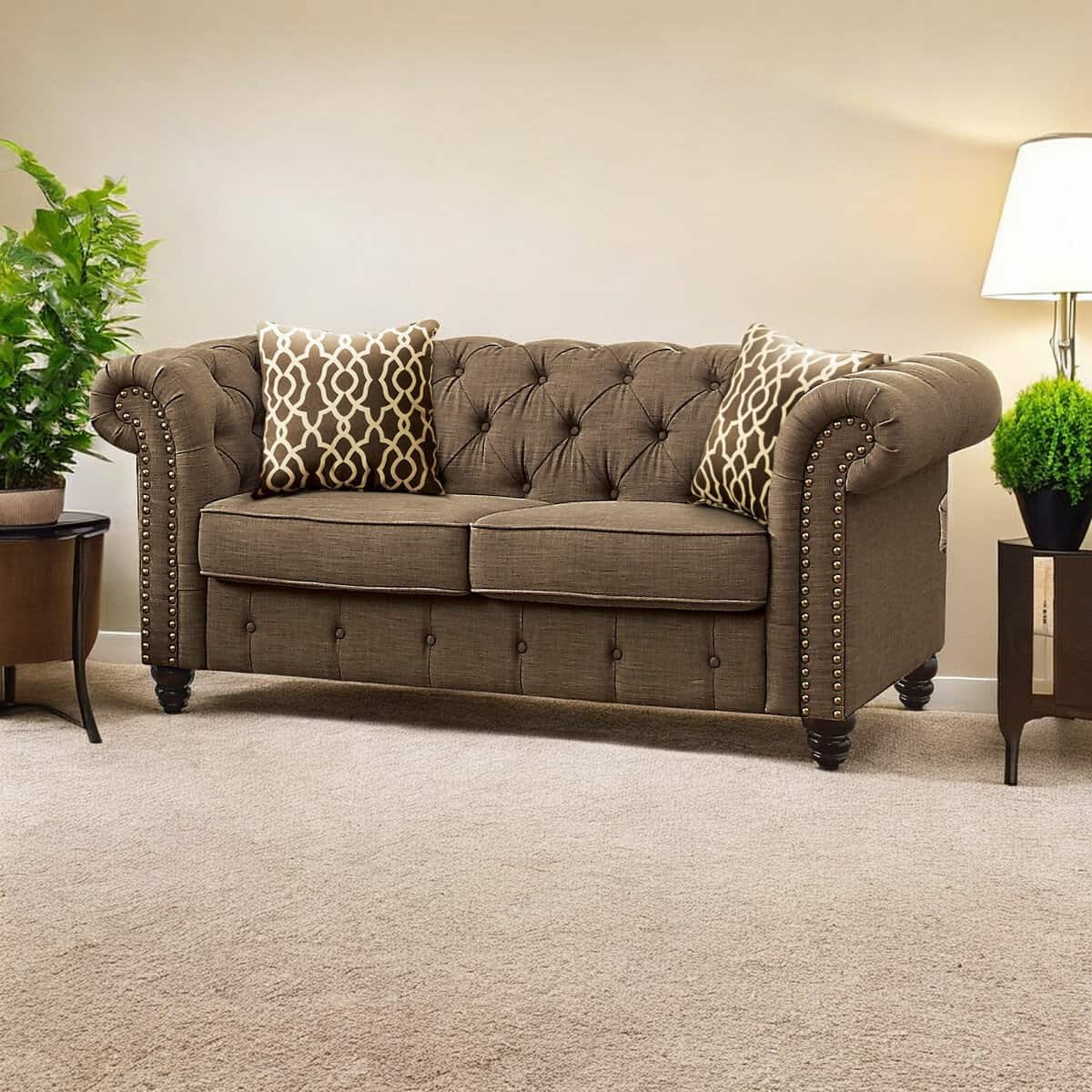 67 Inch Brown Linen Loveseat with Tufted Cushions and Pillows 2 67 Inch Brown Linen Loveseat with Tufted Cushions and Pillows - Image 2
