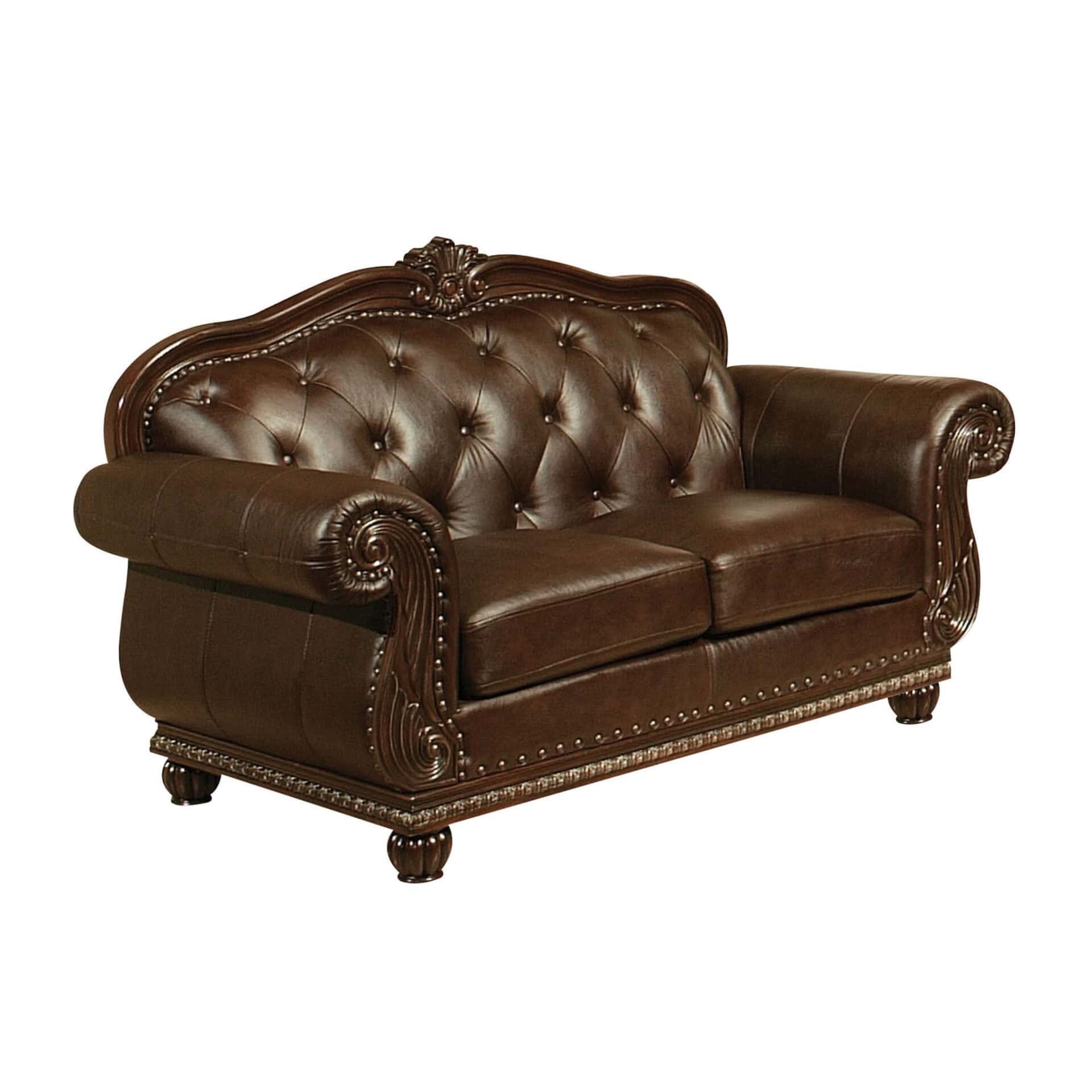 Espresso Faux Leather Love Seat with Nailhead Trim 1 Espresso Faux Leather Love Seat with Nailhead Trim