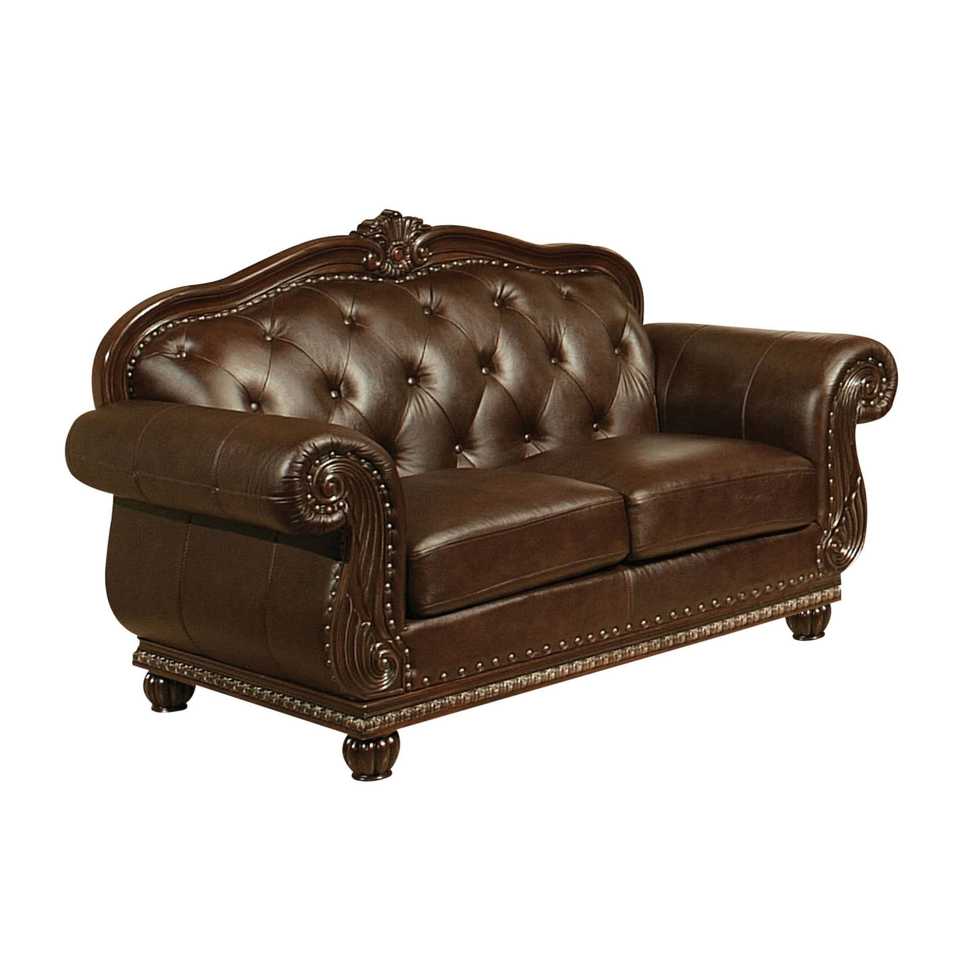 Espresso Faux Leather Love Seat with Nailhead Trim 6 Espresso Faux Leather Love Seat with Nailhead Trim