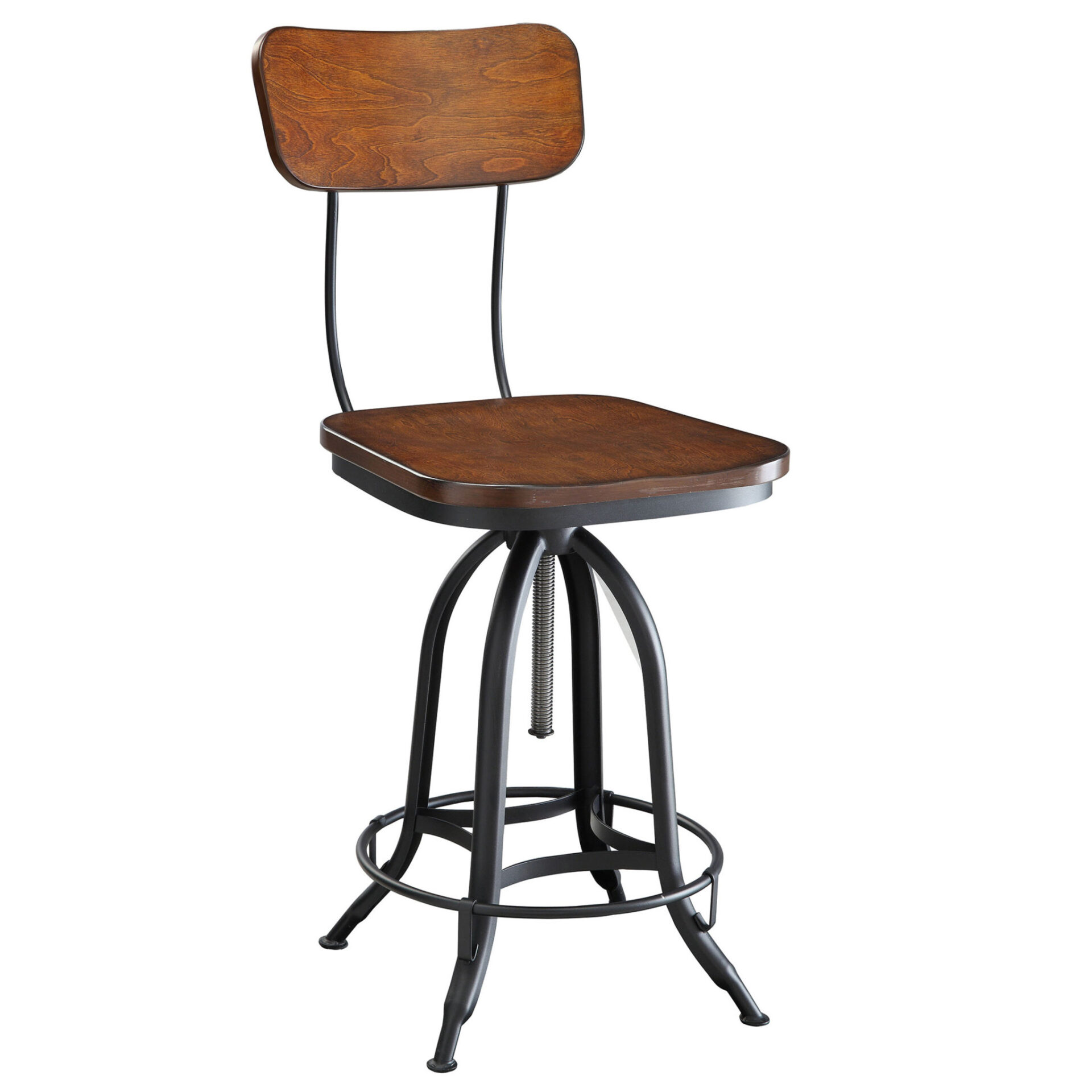 Adjustable Chestnut Wood and Black Steel Industrial Swivel Bar Stool 2 Adjustable Chestnut Wood and Black Steel Industrial Swivel Bar Stool - Image 2