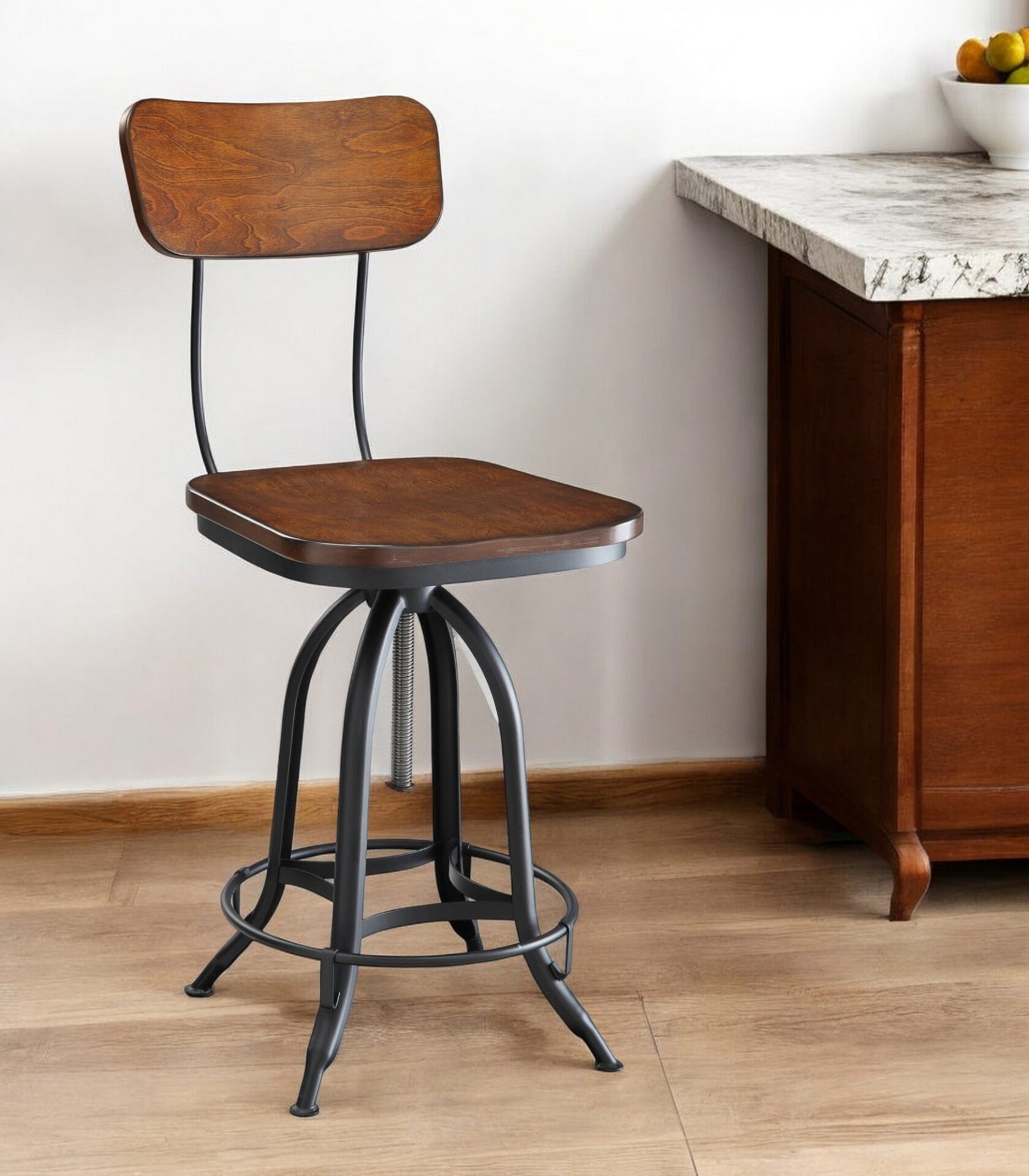Adjustable Chestnut Wood and Black Steel Industrial Swivel Bar Stool 1 Adjustable Chestnut Wood and Black Steel Industrial Swivel Bar Stool
