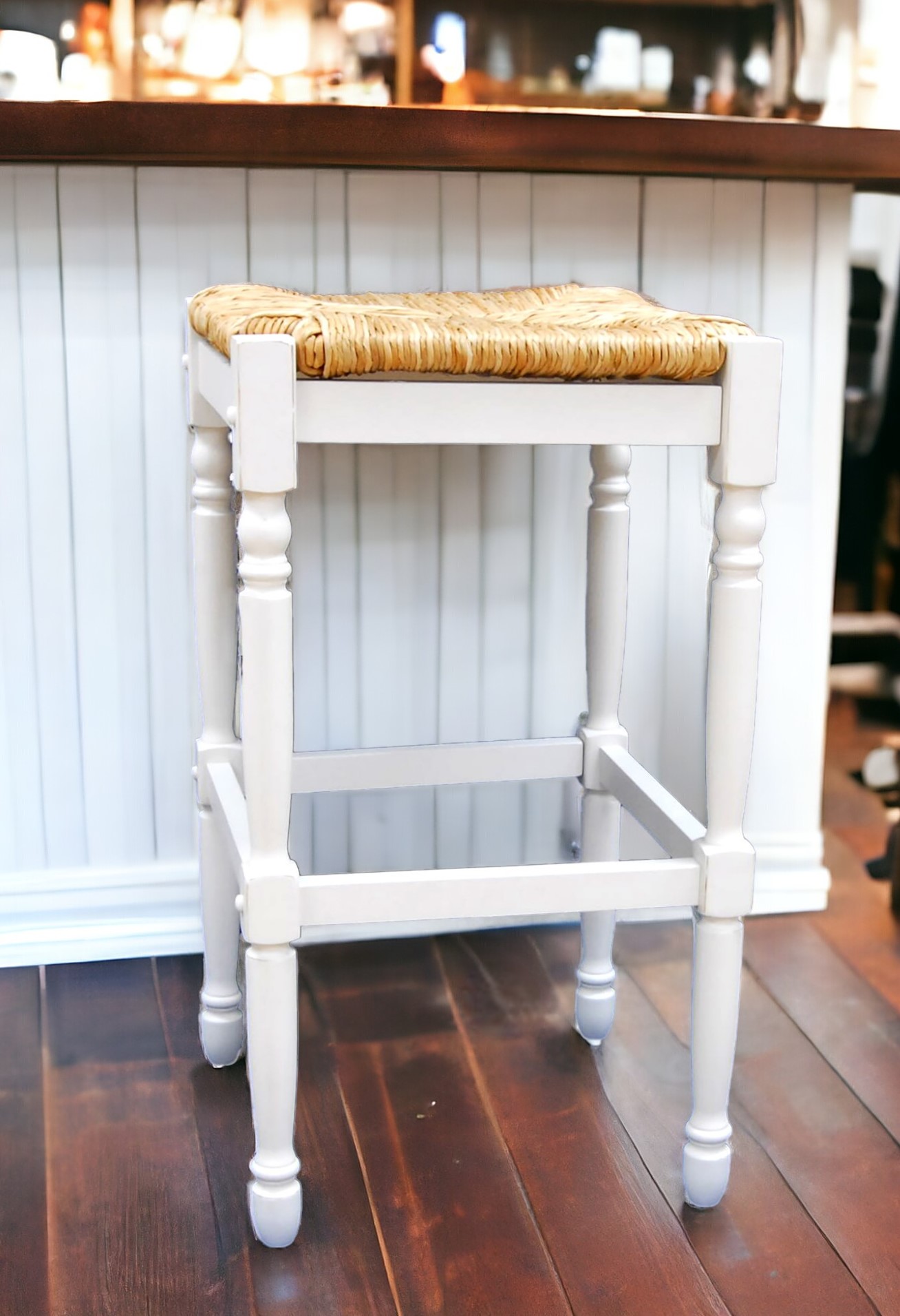 29-Inch Natural and Antiqued White Backless Wooden Bar Stool 2 29-Inch Natural and Antiqued White Backless Wooden Bar Stool - Image 2