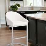 35" White and Silver Modern Faux Leather Bar Stool