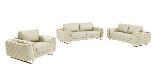 Three Piece Beige Italian Leather Seating Set with Gold Legs