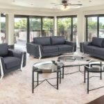 Three Piece Dark Gray Italian Leather Seating Set for Six