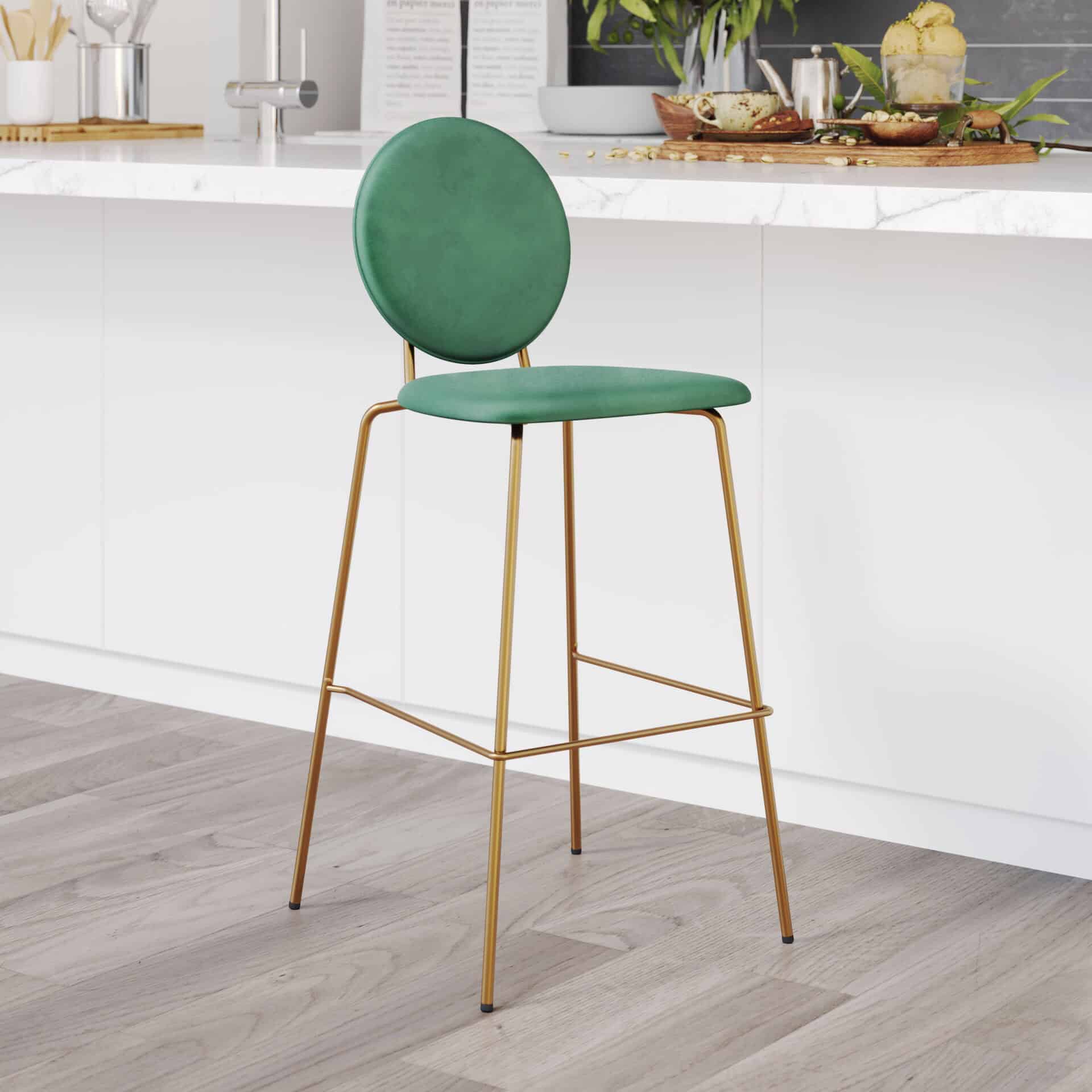 Green Velvet Bar Stools with Gold Frame (Set of 2) 1 Green Velvet Bar Stools with Gold Frame (Set of 2)
