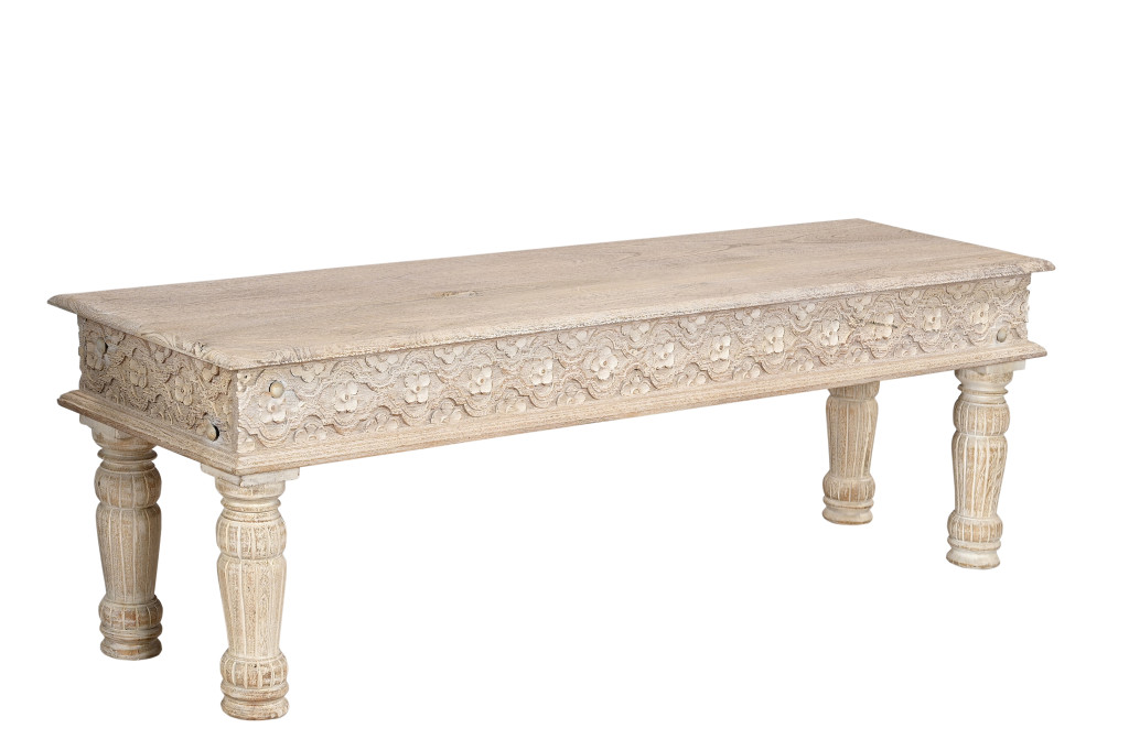 58" Distressed White Solid Wood Floral Dining Bench 3 58" Distressed White Solid Wood Floral Dining Bench - Image 3