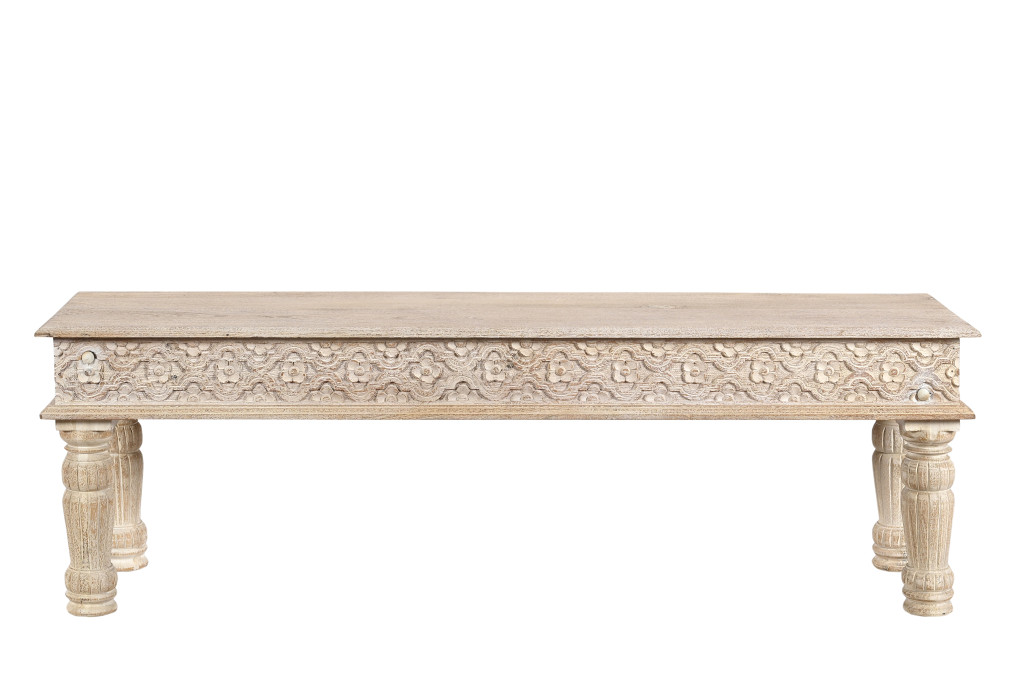 58" Distressed White Solid Wood Floral Dining Bench 1 58" Distressed White Solid Wood Floral Dining Bench