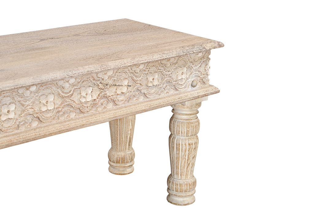 58" Distressed White Solid Wood Floral Dining Bench 4 58" Distressed White Solid Wood Floral Dining Bench - Image 4